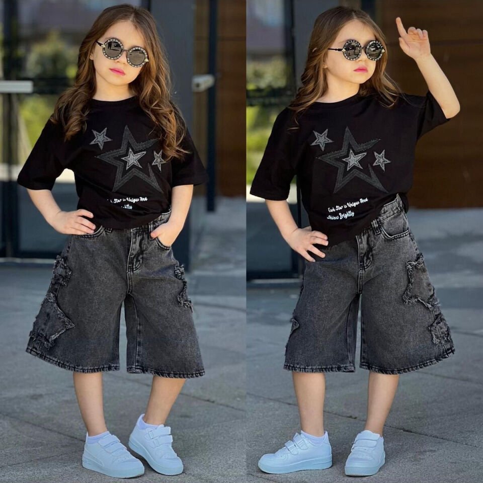 Yildiz Nakişli Kot Şort 2 li Kiz Takim