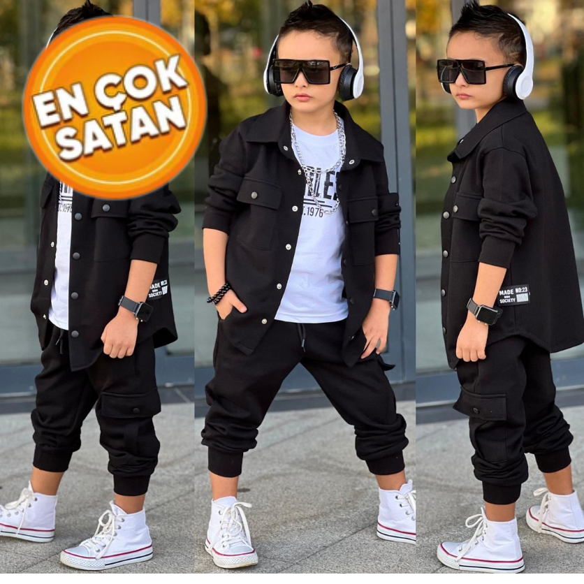 siyah cep kapaklı gömlek lek günlük 3 lü takım spor