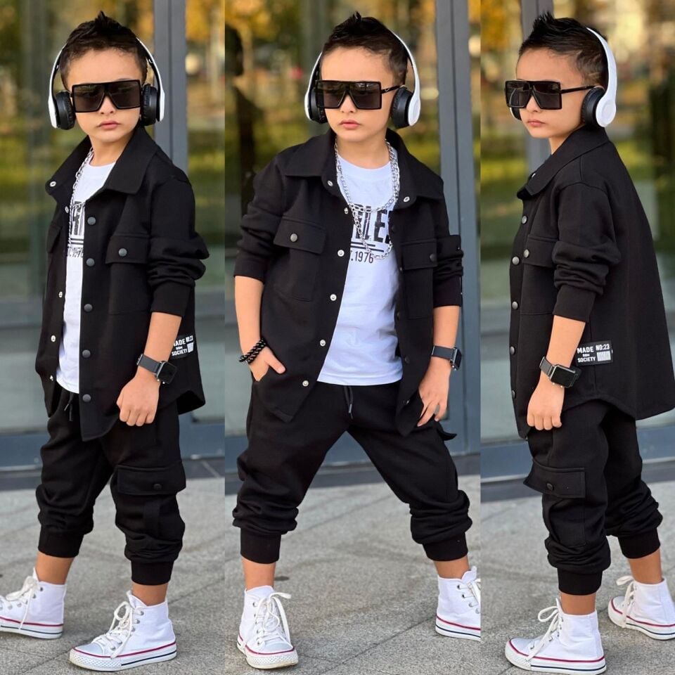 siyah cep kapaklı gömlek lek günlük 3 lü takım spor