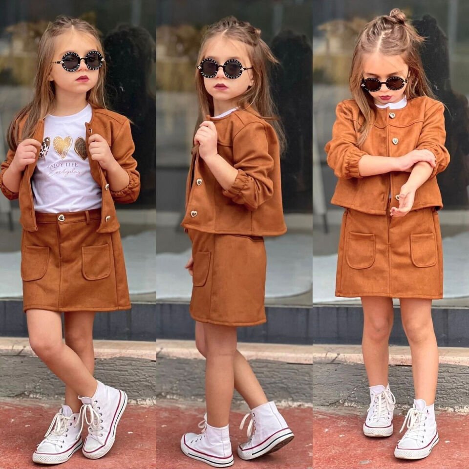 süet ceketli etekli kız takım üçlü kombin bayramlık