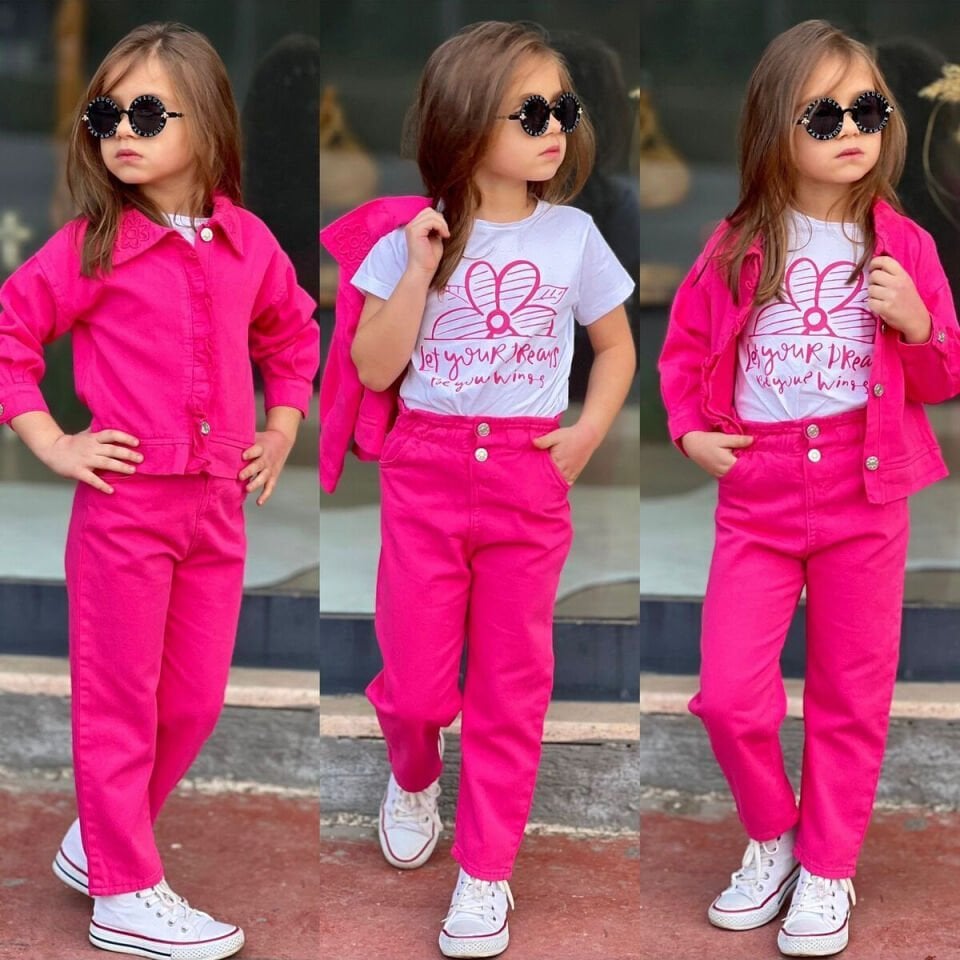 kız çocuk takım nakis detaylı 3 lü takım kombin  spor şık  gabardin