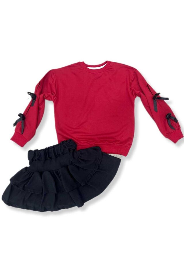 3 Iplik Şardonlu Kurdele Kol Detaylı Etekli Kız Çocuk Takım