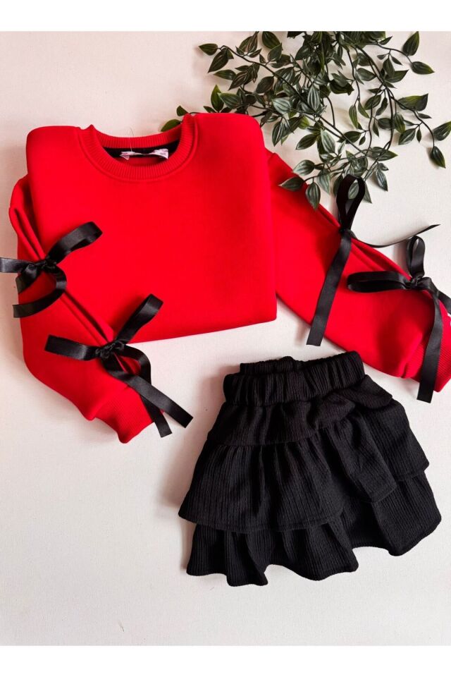3 Iplik Şardonlu Kurdele Kol Detaylı Etekli Kız Çocuk Takım