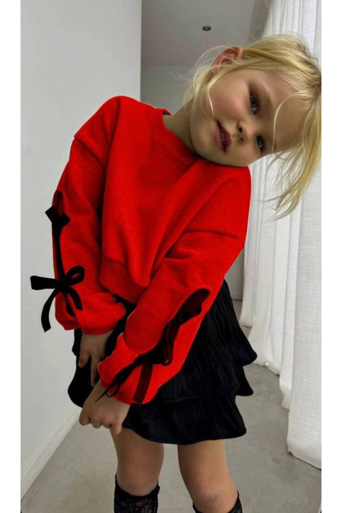 3 Iplik Şardonlu Kurdele Kol Detaylı Etekli Kız Çocuk Takım