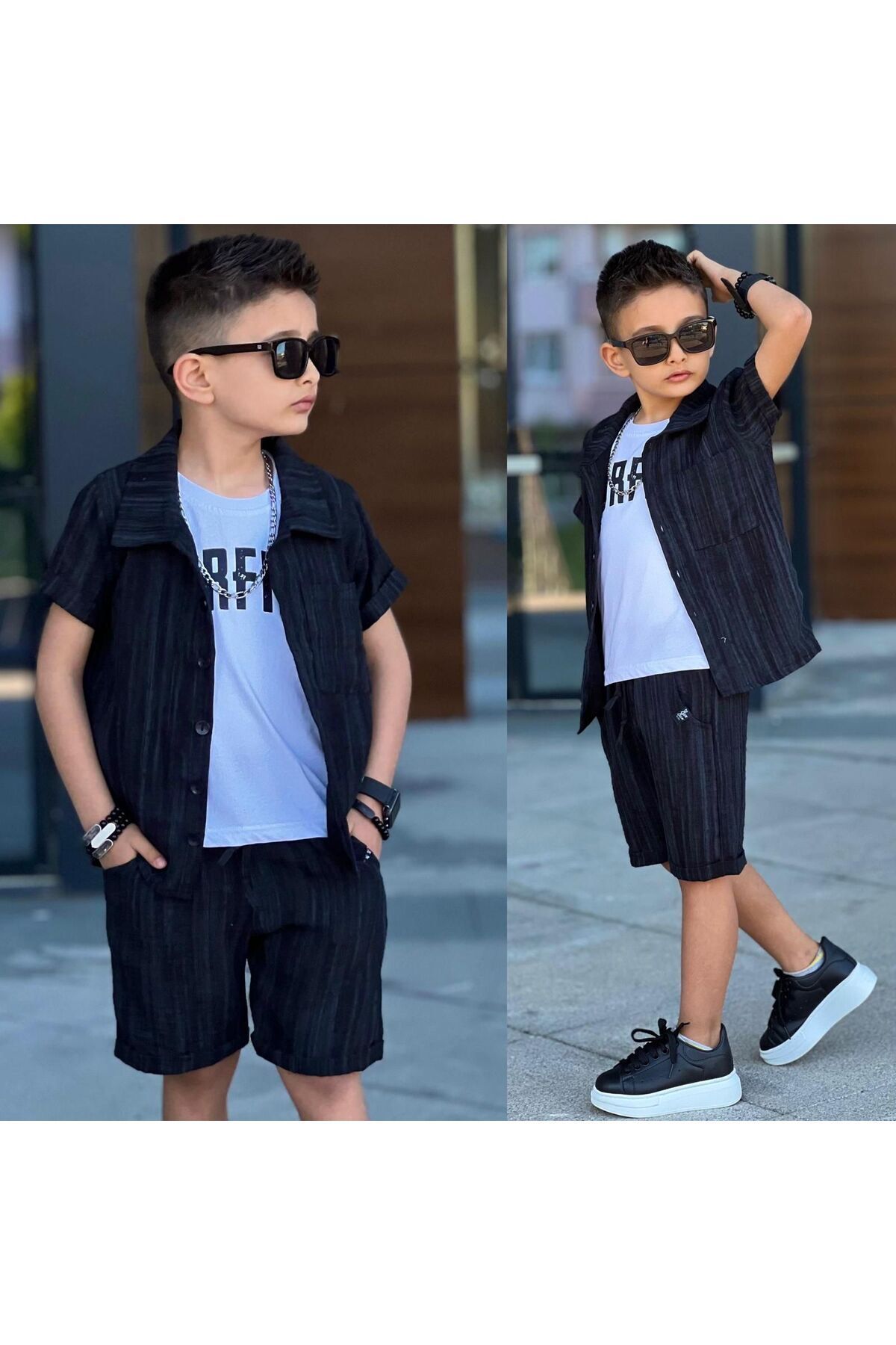Erkek Çocuk Gölkek Yaka Keten Görünümlü Kısa Kollu ŞortLu 3 lü Kombin Düz Gömlek Siyah - 4-5 Yaş