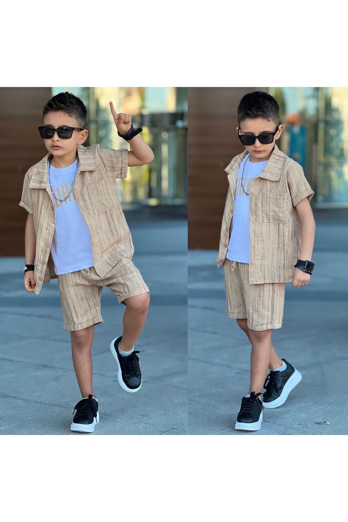 Erkek Çocuk Gölkek Yaka Keten Görünümlü Kısa Kollu ŞortLu 3 lü Kombin Düz Gömlek Bej - 4-5 Yaş