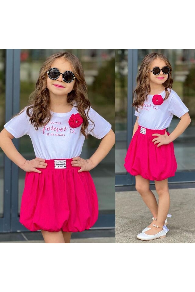 Forever Gül Balon T-shirt Etek 2 kili Kiz Takim Fuşya - 9-10 Yaş