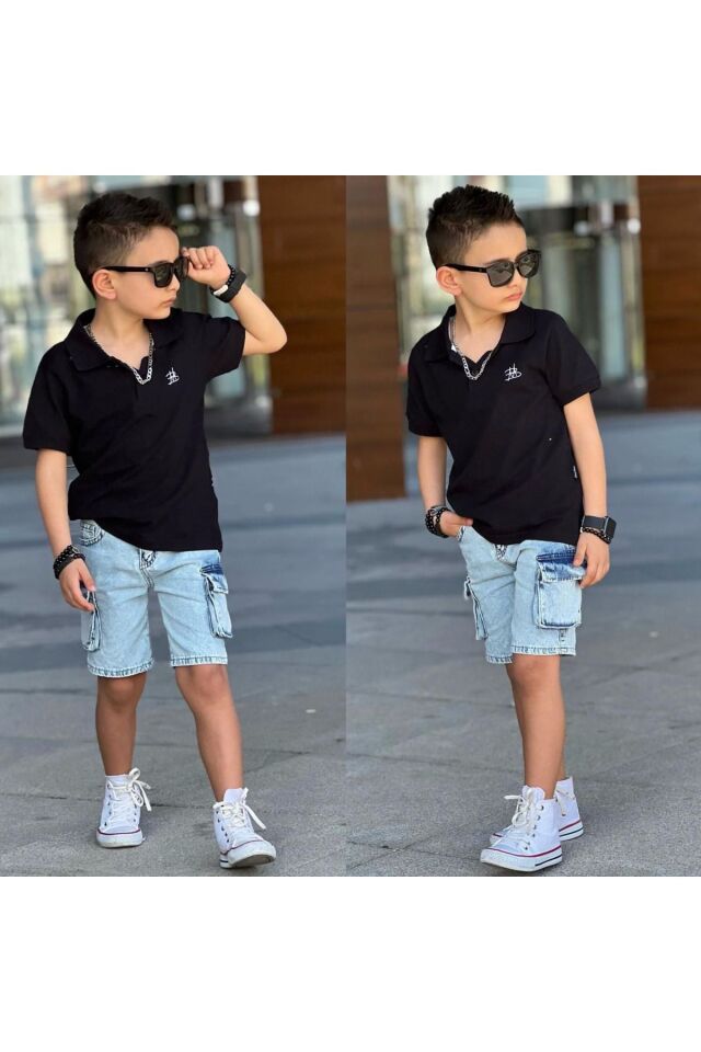 Polo Yakalı Kot şortlu Erkek Çocuk Takım Siyah - 3-4 Yaş