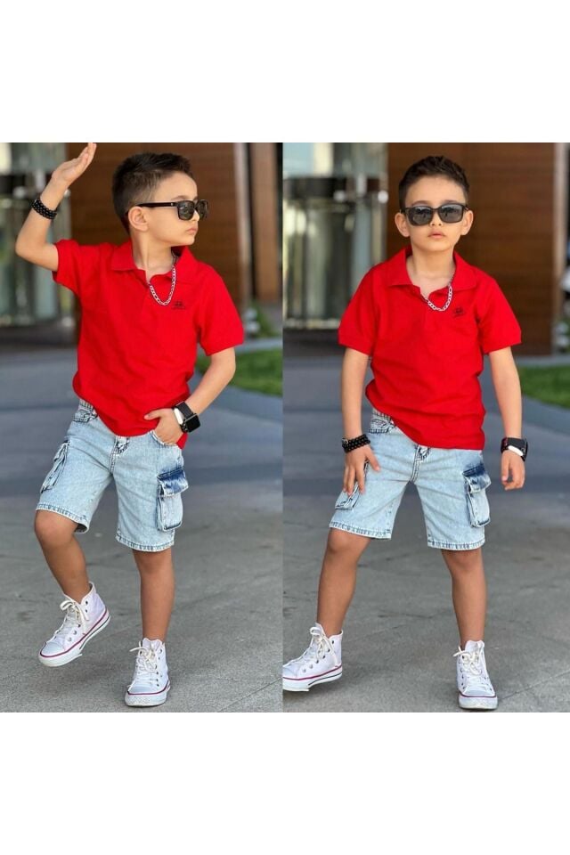 Polo Yakalı Kot şortlu Erkek Çocuk Takım Kırmızı - 3-4 Yaş