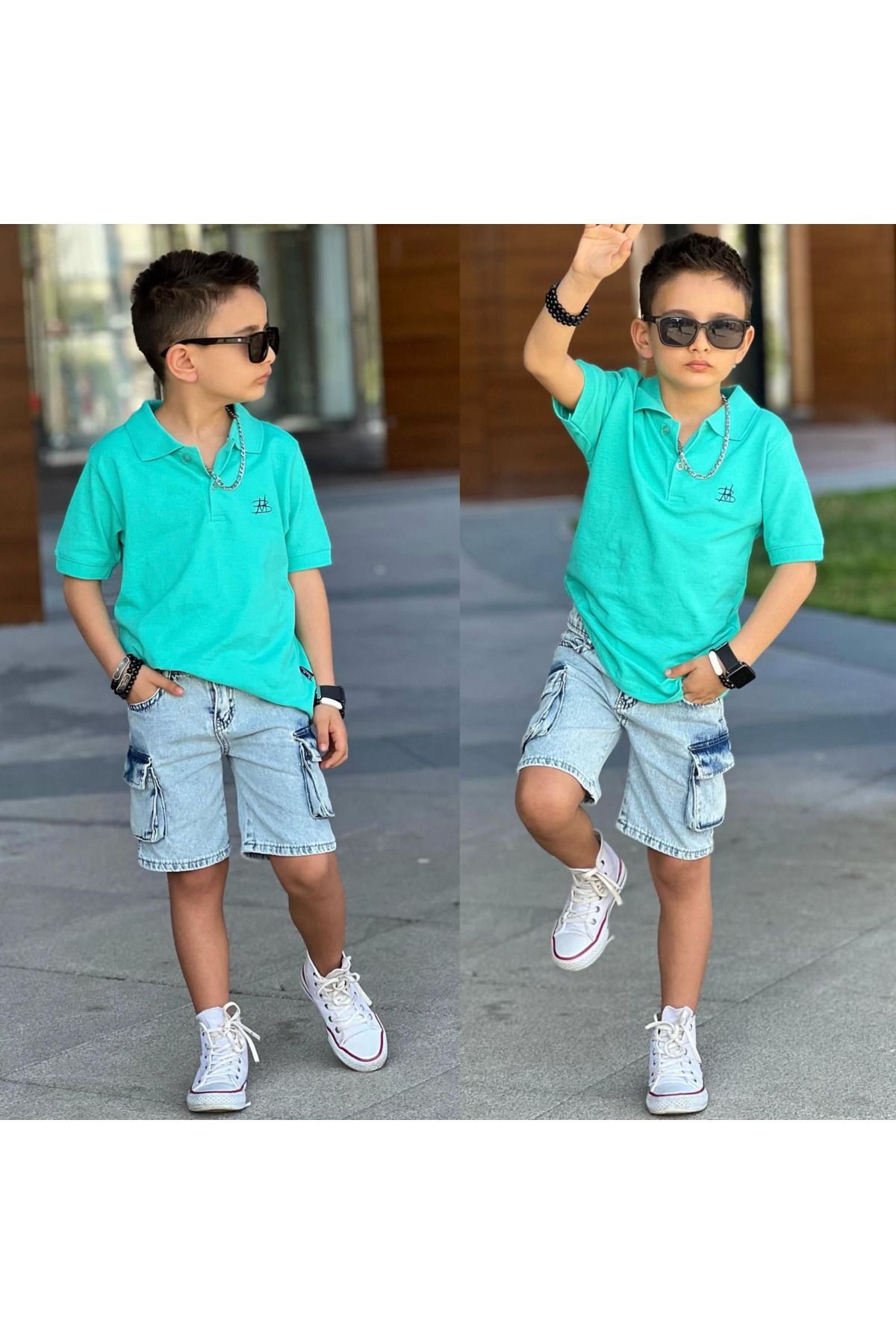 Polo Yakalı Kot şortlu Erkek Çocuk Takım Yeşil - 5-6 Yaş