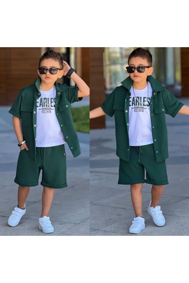 Siyah Cep Kapaklı Gömlek Günlük 3 Lü Takım Spor Bayramlık Erkek Çocuk Takım Yeşil - 5-6 Yaş