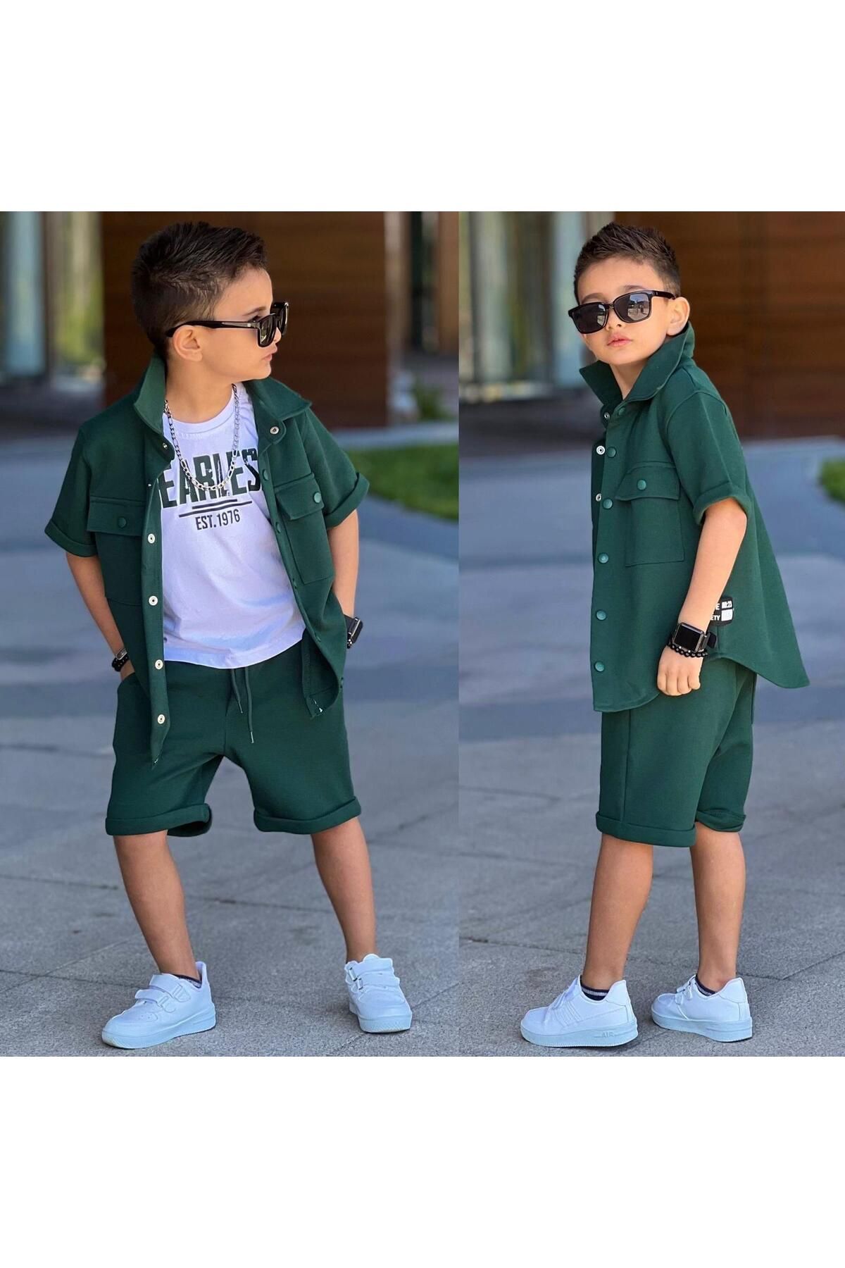 Siyah Cep Kapaklı Gömlek Günlük 3 Lü Takım Spor Bayramlık Erkek Çocuk Takım Yeşil - 5-6 Yaş
