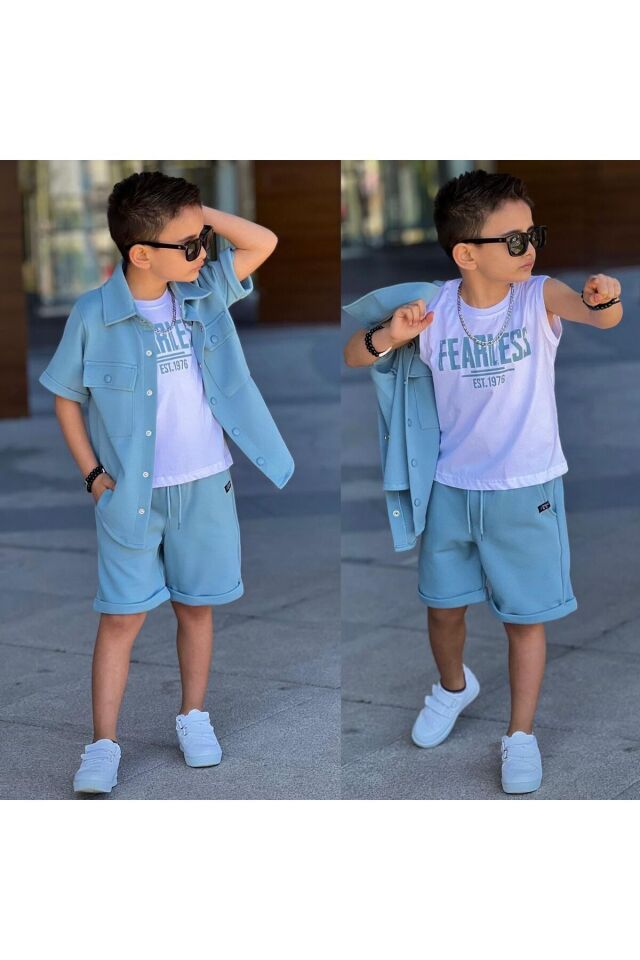 Siyah Cep Kapaklı Gömlek Günlük 3 Lü Takım Spor Bayramlık Erkek Çocuk Takım Mavi - 5-6 Yaş