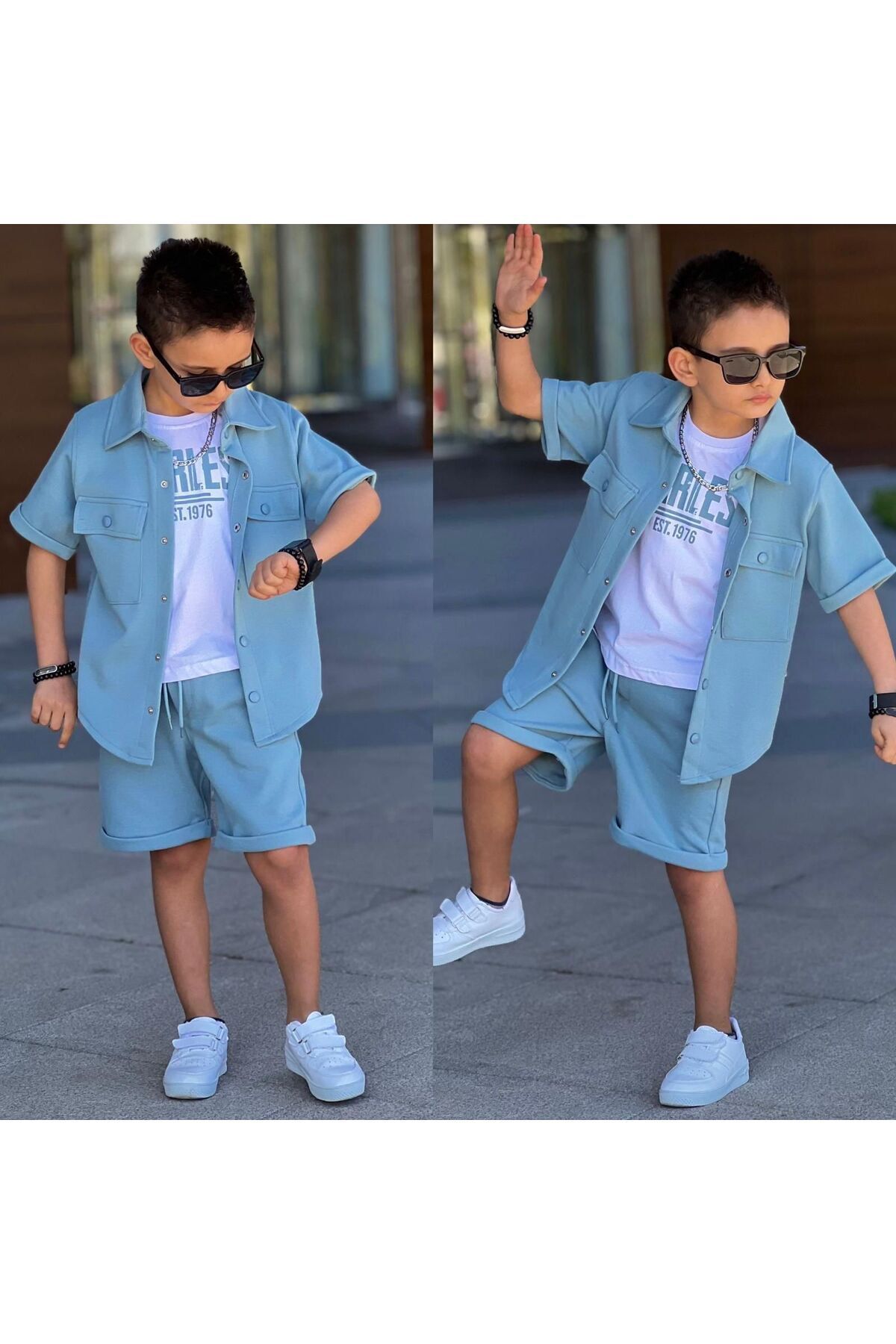 Siyah Cep Kapaklı Gömlek Günlük 3 Lü Takım Spor Bayramlık Erkek Çocuk Takım Mavi - 5-6 Yaş