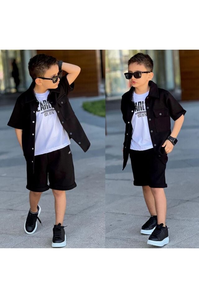 Siyah Cep Kapaklı Gömlek Günlük 3 Lü Takım Spor Bayramlık Erkek Çocuk Takım Siyah - 11-12 Yaş