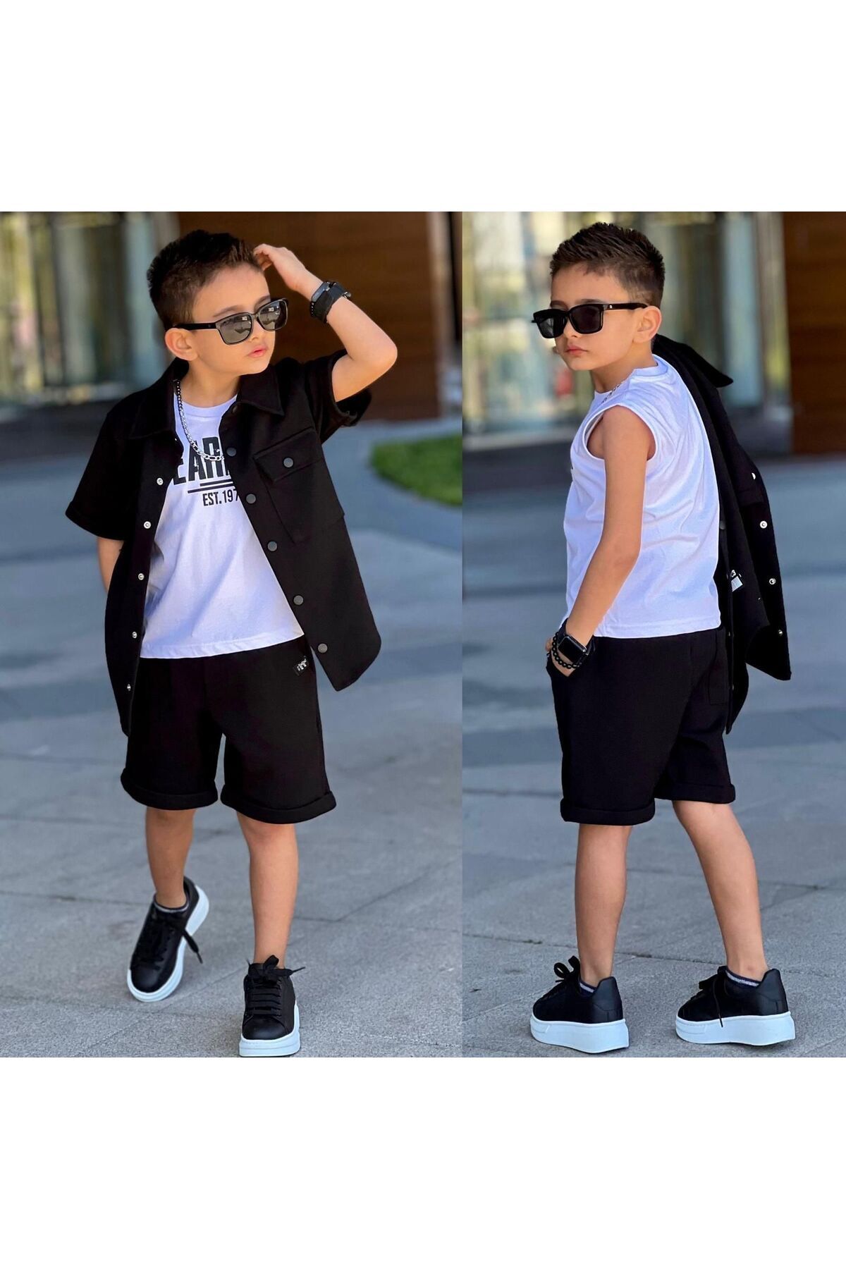 Siyah Cep Kapaklı Gömlek Günlük 3 Lü Takım Spor Bayramlık Erkek Çocuk Takım Siyah - 11-12 Yaş
