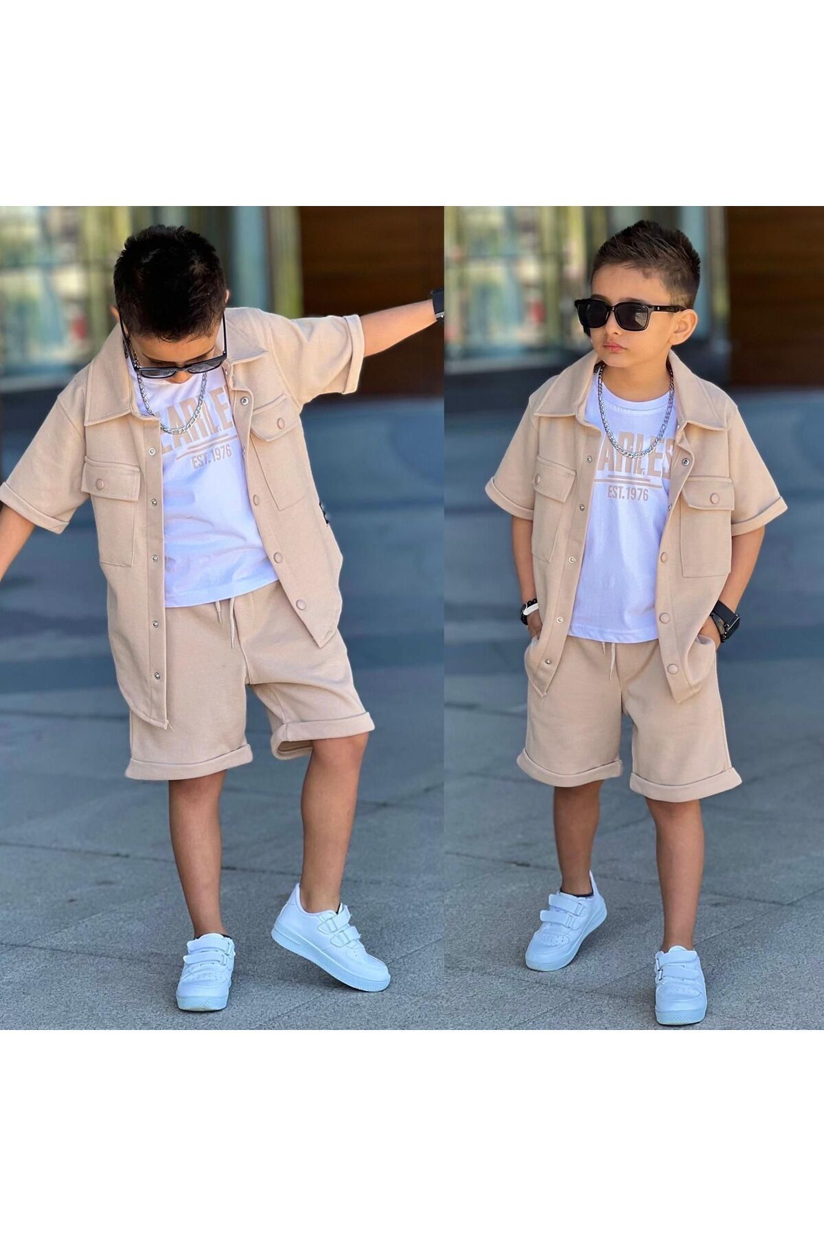 Siyah Cep Kapaklı Gömlek Günlük 3 Lü Takım Spor Bayramlık Erkek Çocuk Takım Ekru - 5-6 Yaş
