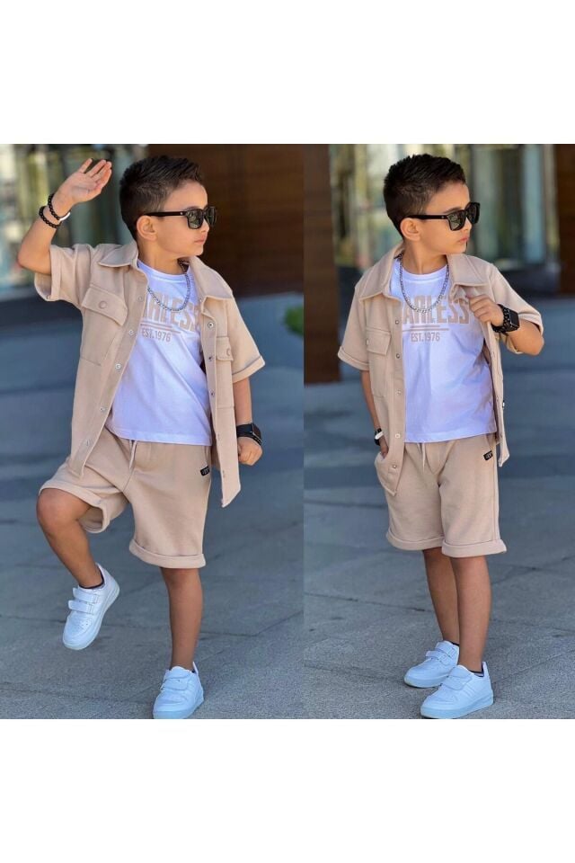 Siyah Cep Kapaklı Gömlek Günlük 3 Lü Takım Spor Bayramlık Erkek Çocuk Takım Ekru - 11-12 Yaş