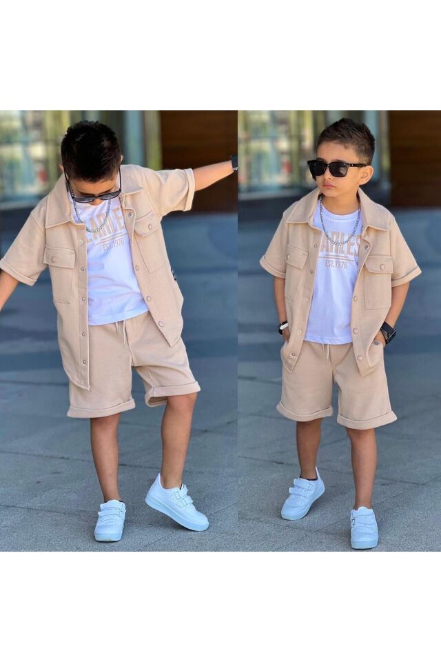 Siyah Cep Kapaklı Gömlek Günlük 3 Lü Takım Spor Bayramlık Erkek Çocuk Takım Ekru - 11-12 Yaş