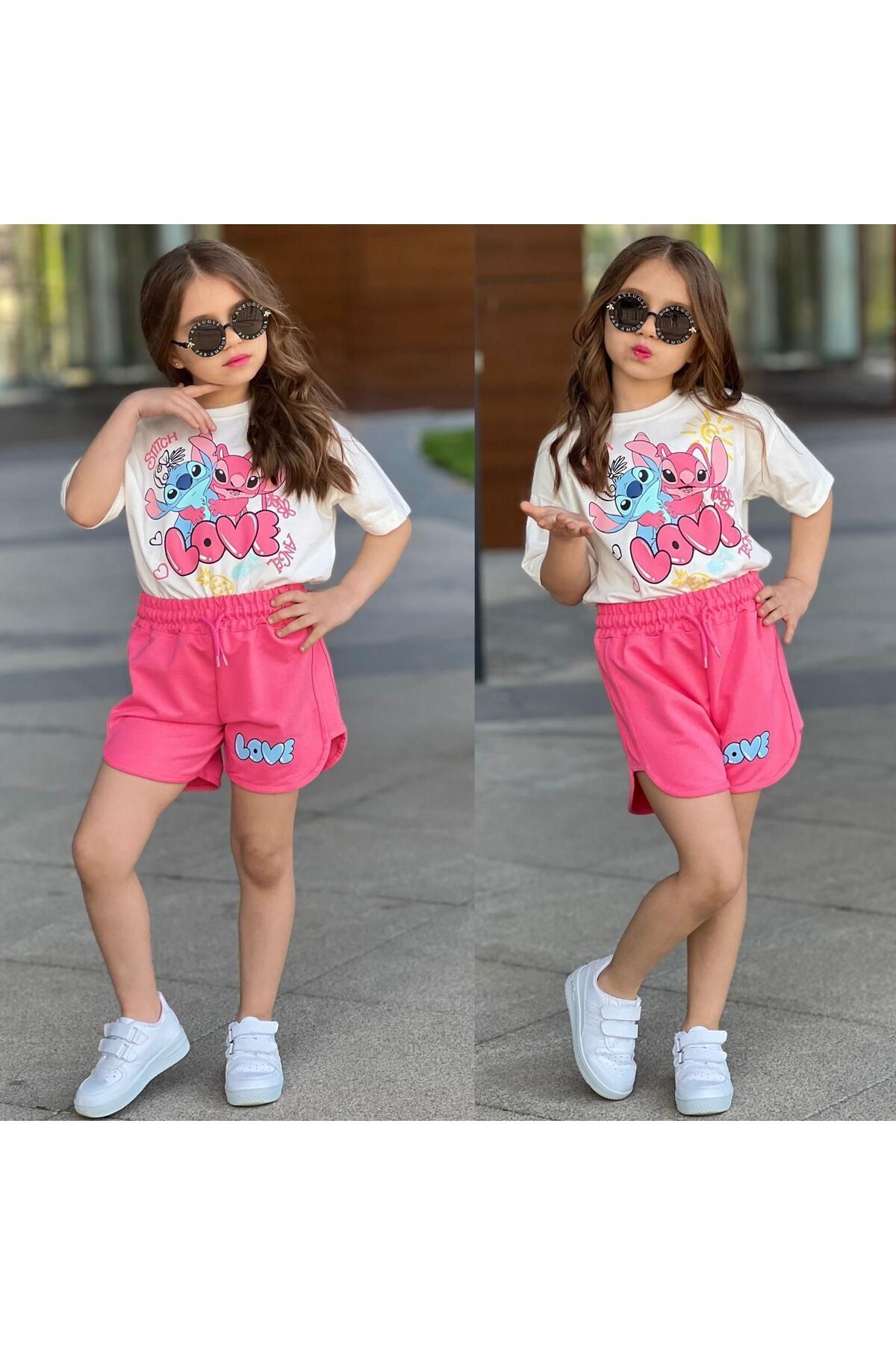 Stitch Kız Çocuk 2'li Yazlık Takım Tişört Pembe - 4-5 Yaş