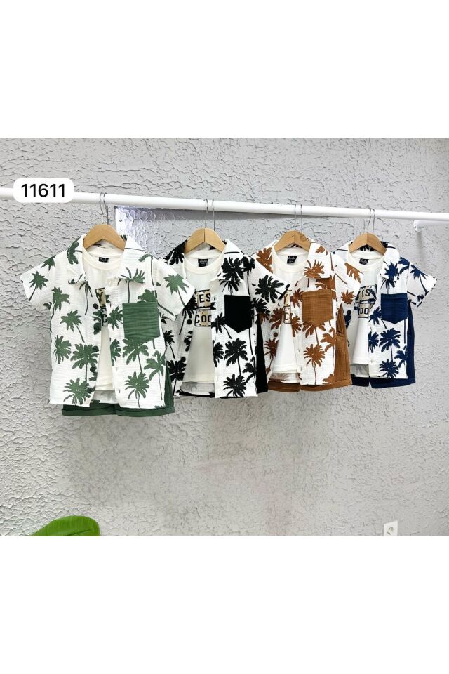 Palmiye Müslin Atlet Şortlu Erkek Çocuk Takım 3lü Kombin Haki - 3-4 Yaş