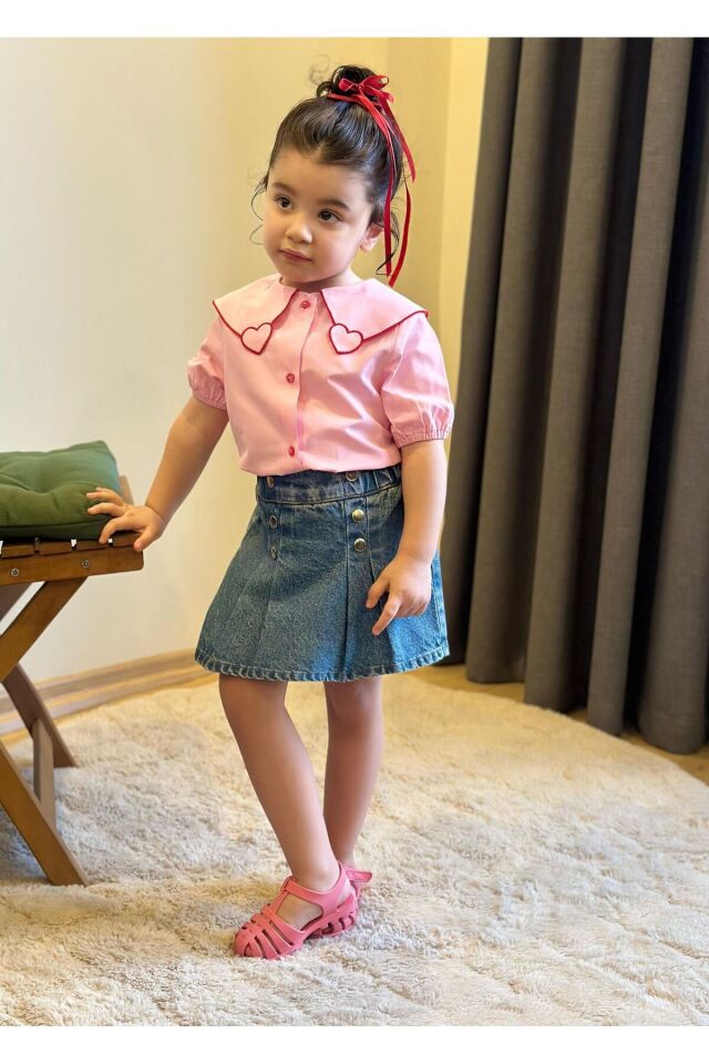 KALPLİ KOT ŞORT ETEKLİ 2’Lİ KIZ TAKIM Pembe - 9-10 Yaş