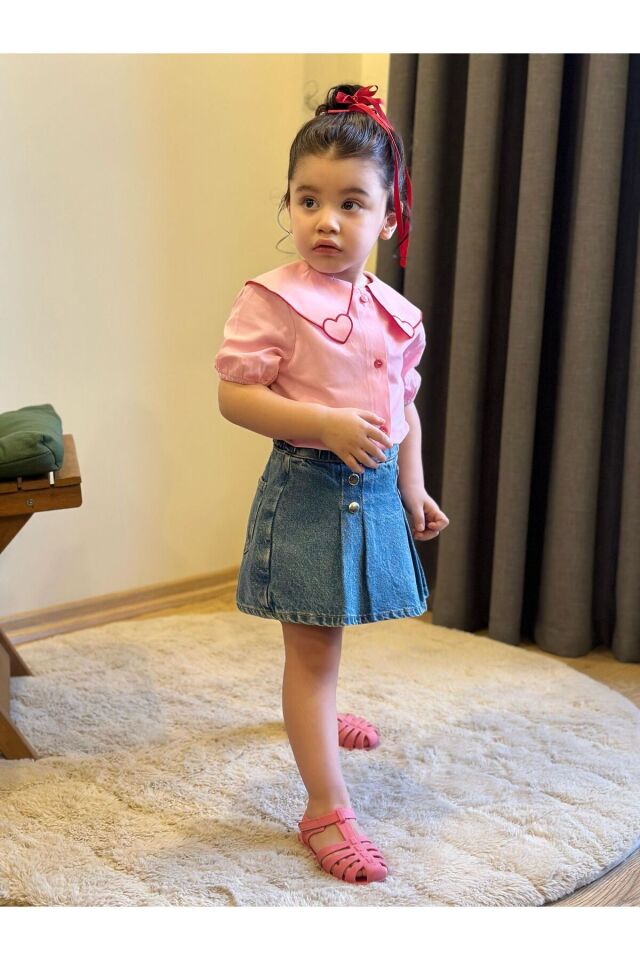 KALPLİ KOT ŞORT ETEKLİ 2’Lİ KIZ TAKIM Pembe - 9-10 Yaş