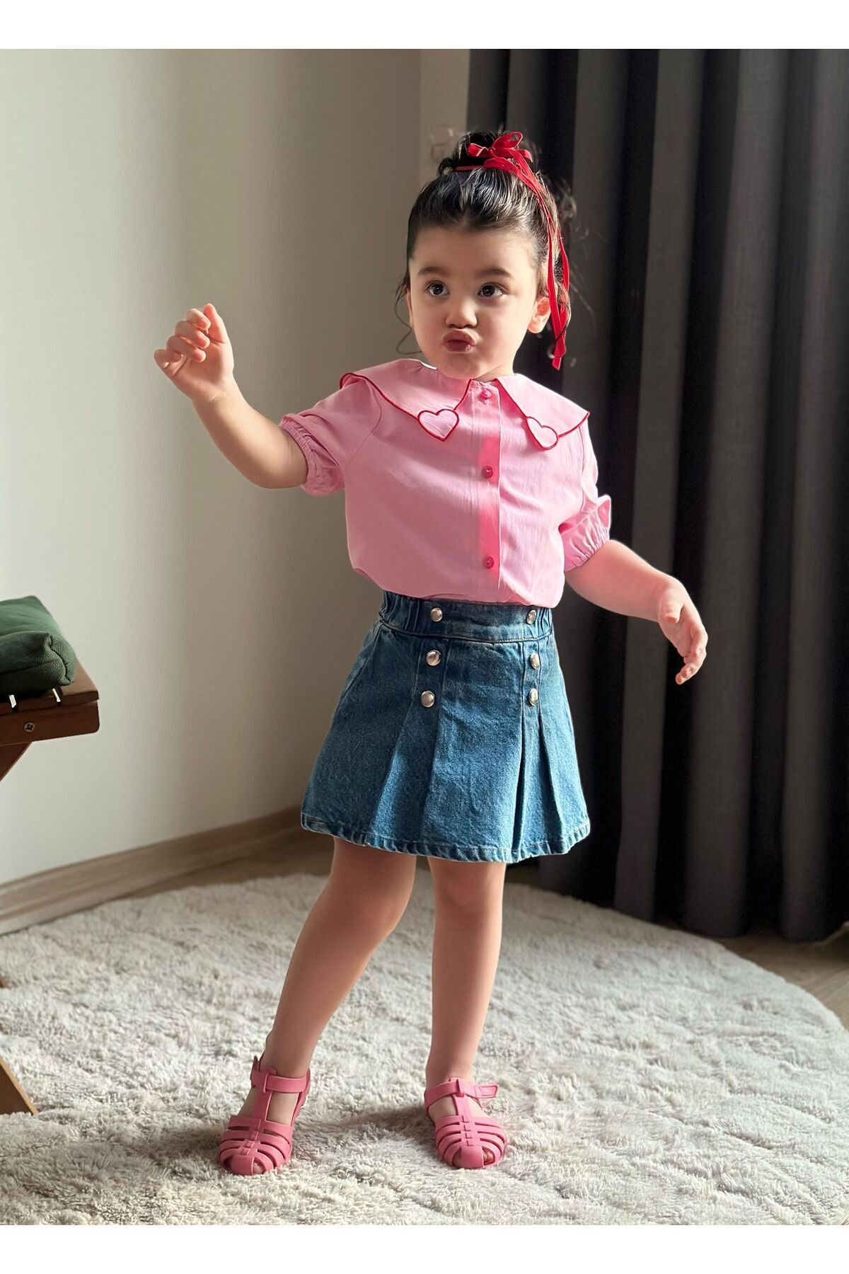 KALPLİ KOT ŞORT ETEKLİ 2’Lİ KIZ TAKIM Pembe - 9-10 Yaş