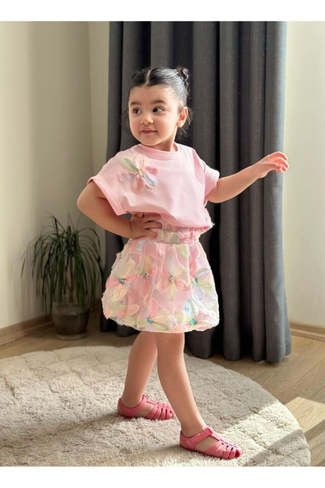 Balon Etekli Çicekli 2’li Kiz Çocuk Takim Pembe - 5-6 Yaş