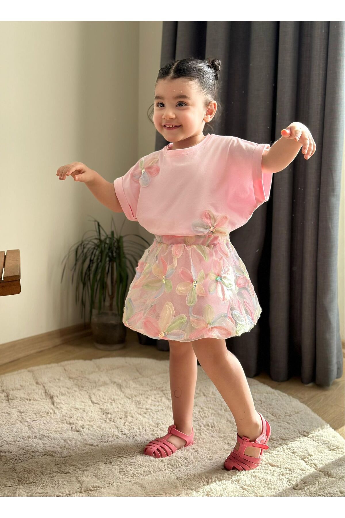 Balon Etekli Çicekli 2’li Kiz Çocuk Takim Pembe - 4-5 Yaş