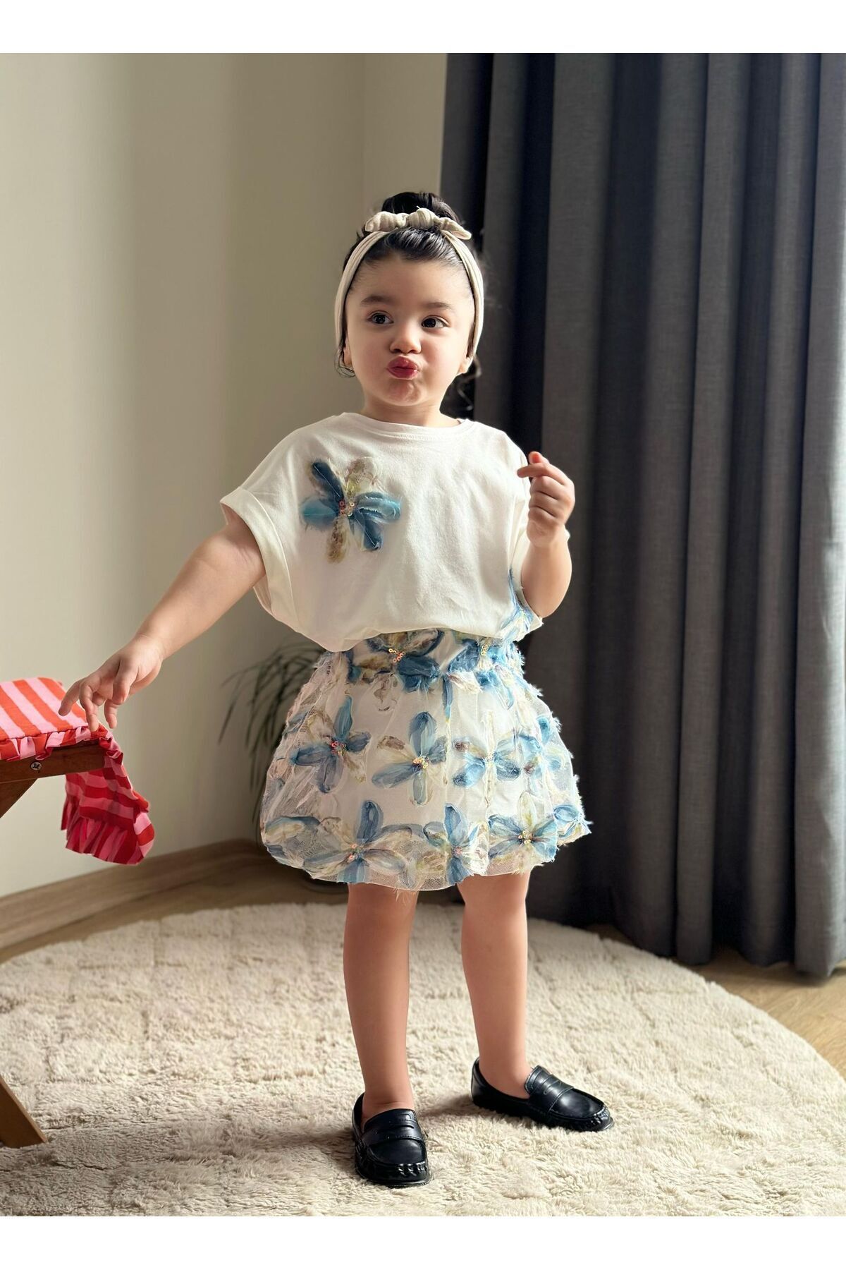 Balon Etekli Çicekli 2’li Kiz Çocuk Takim Mavi - 5-6 Yaş