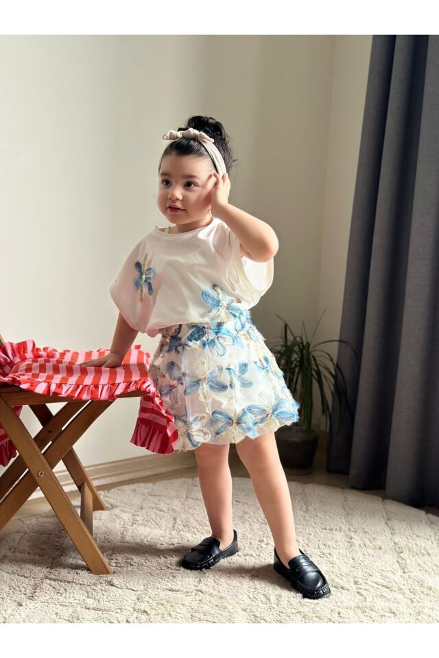 Balon Etekli Çicekli 2’li Kiz Çocuk Takim Mavi - 4-5 Yaş