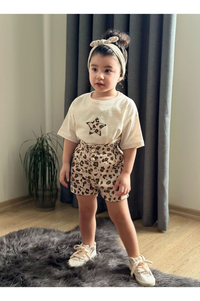 Şortlu Kiz Takim Gabardin Kumaş 2 li Takım Bayramlık Trend Bel Esnek Lastili Ekru - 3-4 Yaş