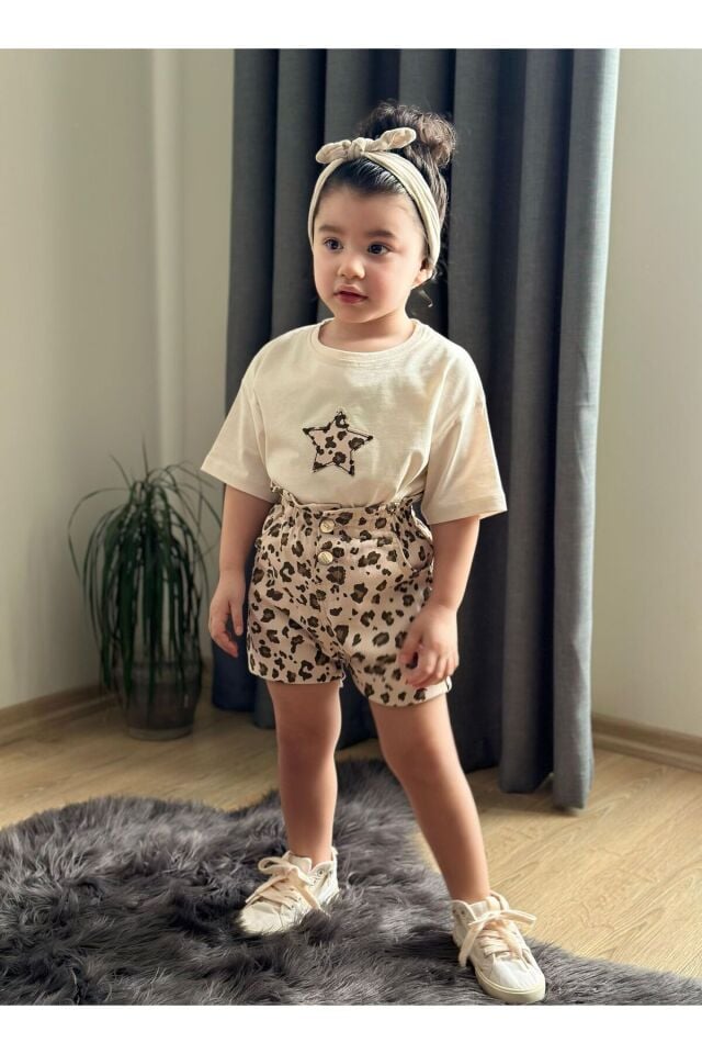 Şortlu Kiz Takim Gabardin Kumaş 2 li Takım Bayramlık Trend Bel Esnek Lastili Ekru - 4-5 Yaş