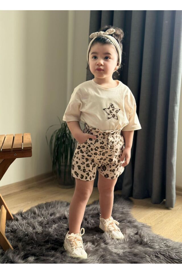 Şortlu Kiz Takim Gabardin Kumaş 2 li Takım Bayramlık Trend Bel Esnek Lastili Ekru - 9-10 Yaş