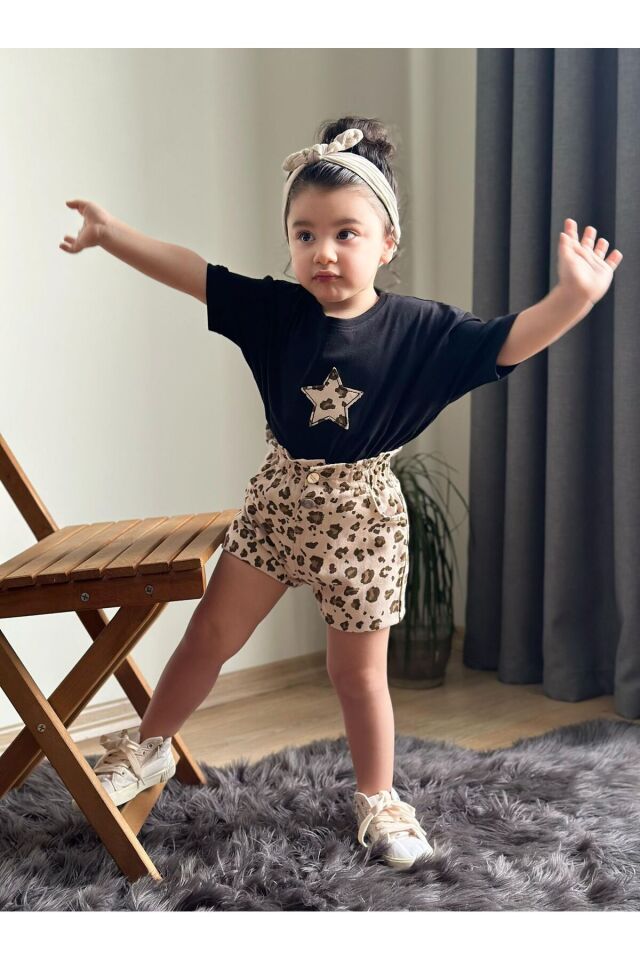 Şortlu Kiz Takim Gabardin Kumaş 2 li Takım Bayramlık Trend Bel Esnek Lastili Siyah - 7-8 Yaş