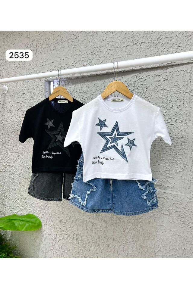 Yildiz Nakişli Kot Şort 2 li Kiz Takim Siyah - 4-5 Yaş