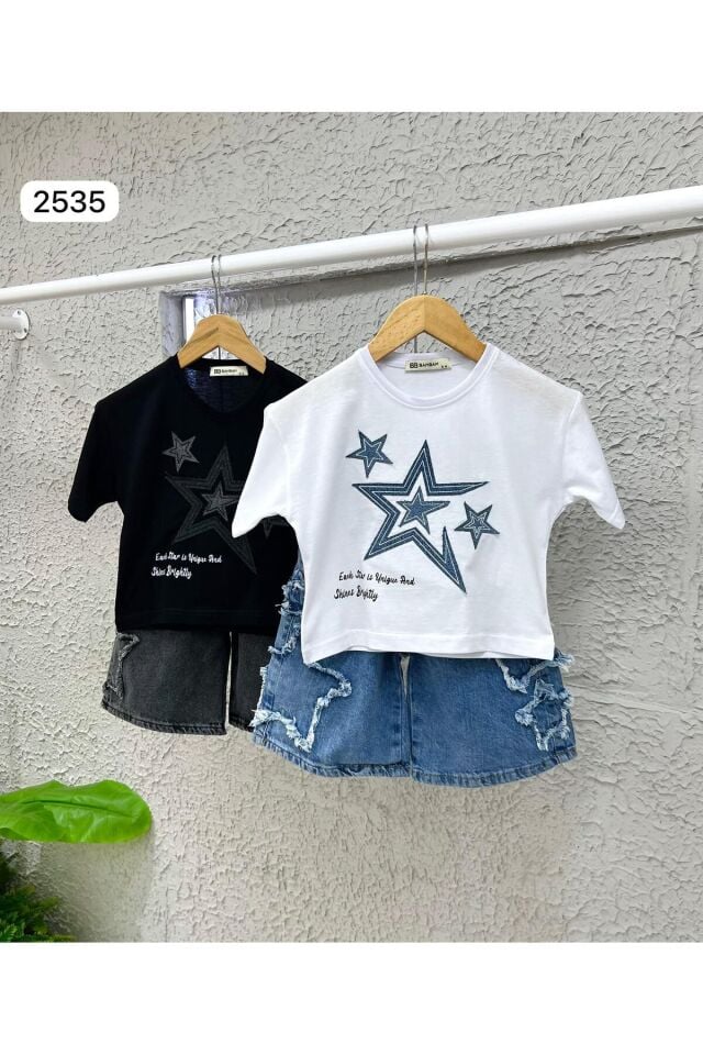 Yildiz Nakişli Kot Şort 2 li Kiz Takim Siyah - 9-10 Yaş