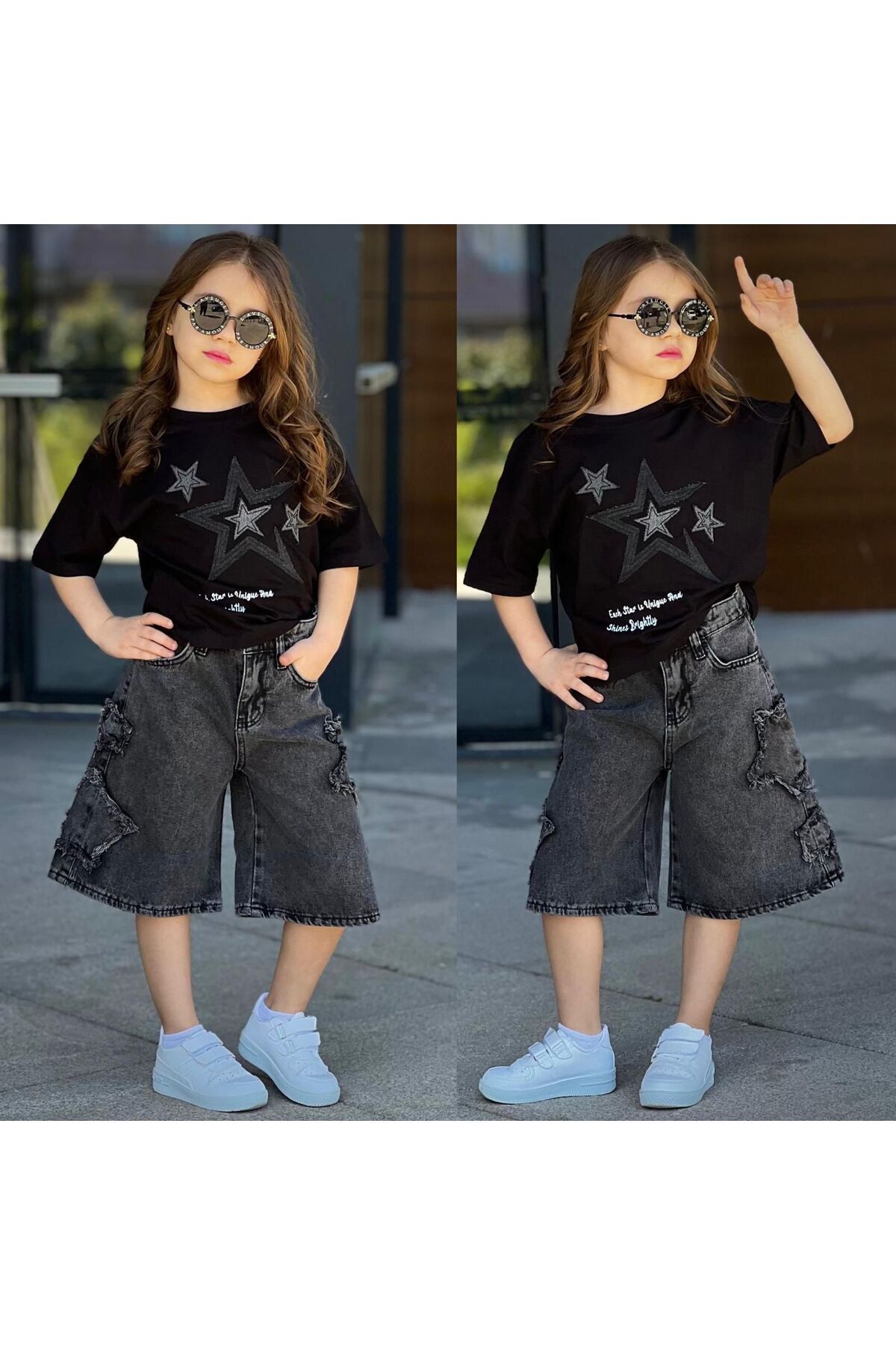 Yildiz Nakişli Kot Şort 2 li Kiz Takim Siyah - 9-10 Yaş