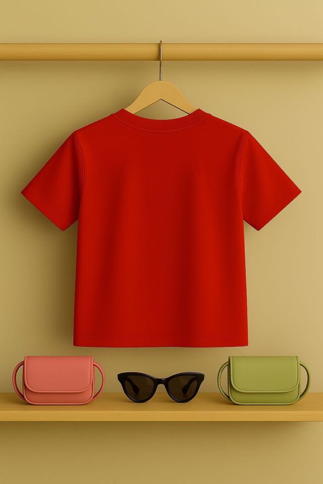 Kedi baskılı Tşört 3 12 yaş Arası Taş Desen Görümlü Çocuk t-shirt Kırmızı - 9-10 Yaş