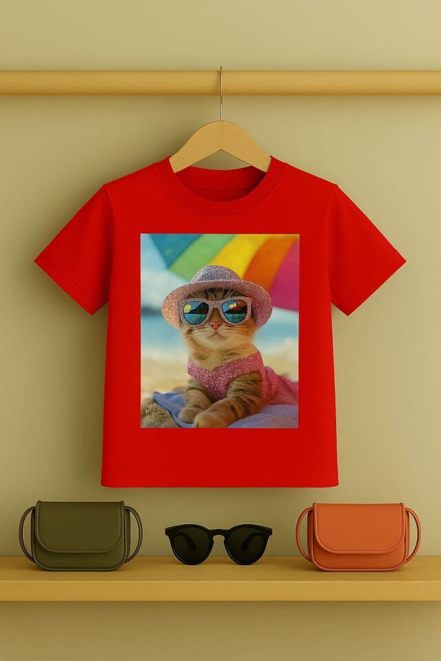 Kedi baskılı Tşört 3 12 yaş Arası Taş Desen Görümlü Çocuk t-shirt Kırmızı - 9-10 Yaş