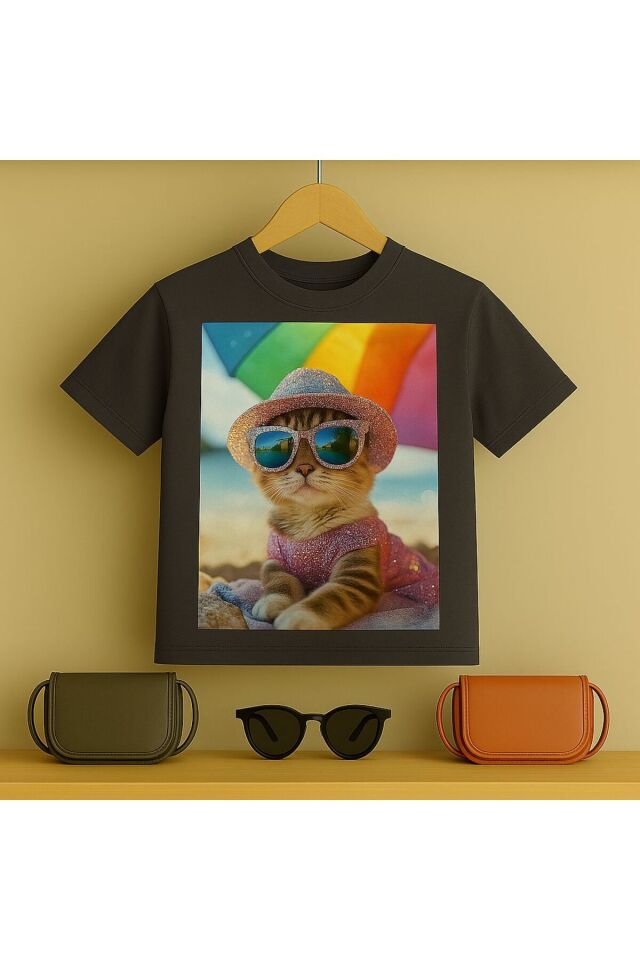 Kedi baskılı Tşört 3 12 yaş Arası Taş Desen Görümlü Çocuk t-shirt Füme - 3-4 Yaş