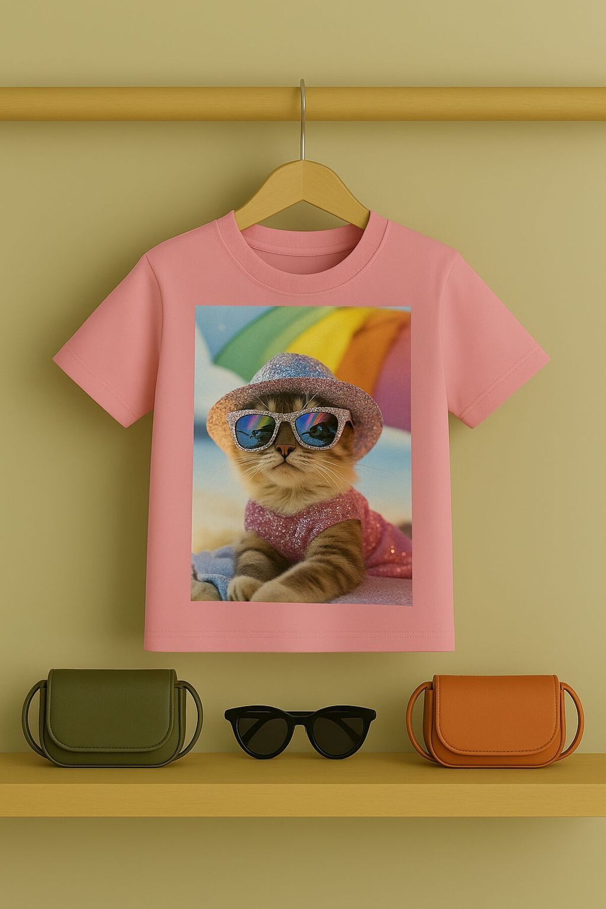 Kedi baskılı Tşört 3 12 yaş Arası Taş Desen Görümlü Çocuk t-shirt Pembe - 7-8 Yaş