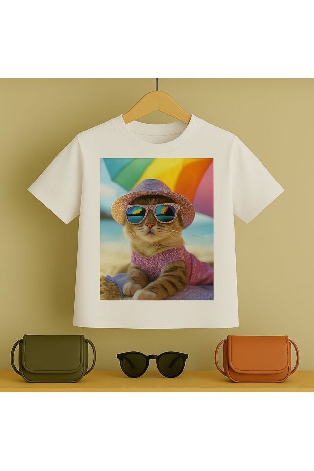 Kedi baskılı Tşört 3 12 yaş Arası Taş Desen Görümlü Çocuk t-shirt Beyaz - 3-4 Yaş