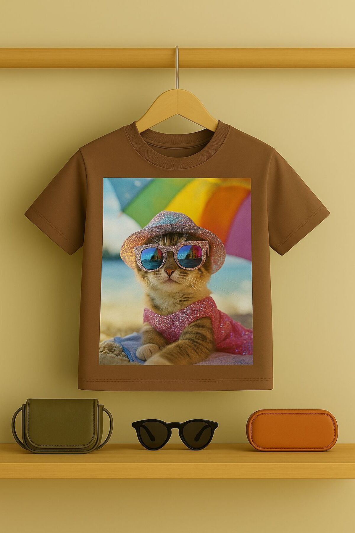 Kedi baskılı Tşört 3 12 yaş Arası Taş Desen Görümlü Çocuk t-shirt Toprak - 3-4 Yaş