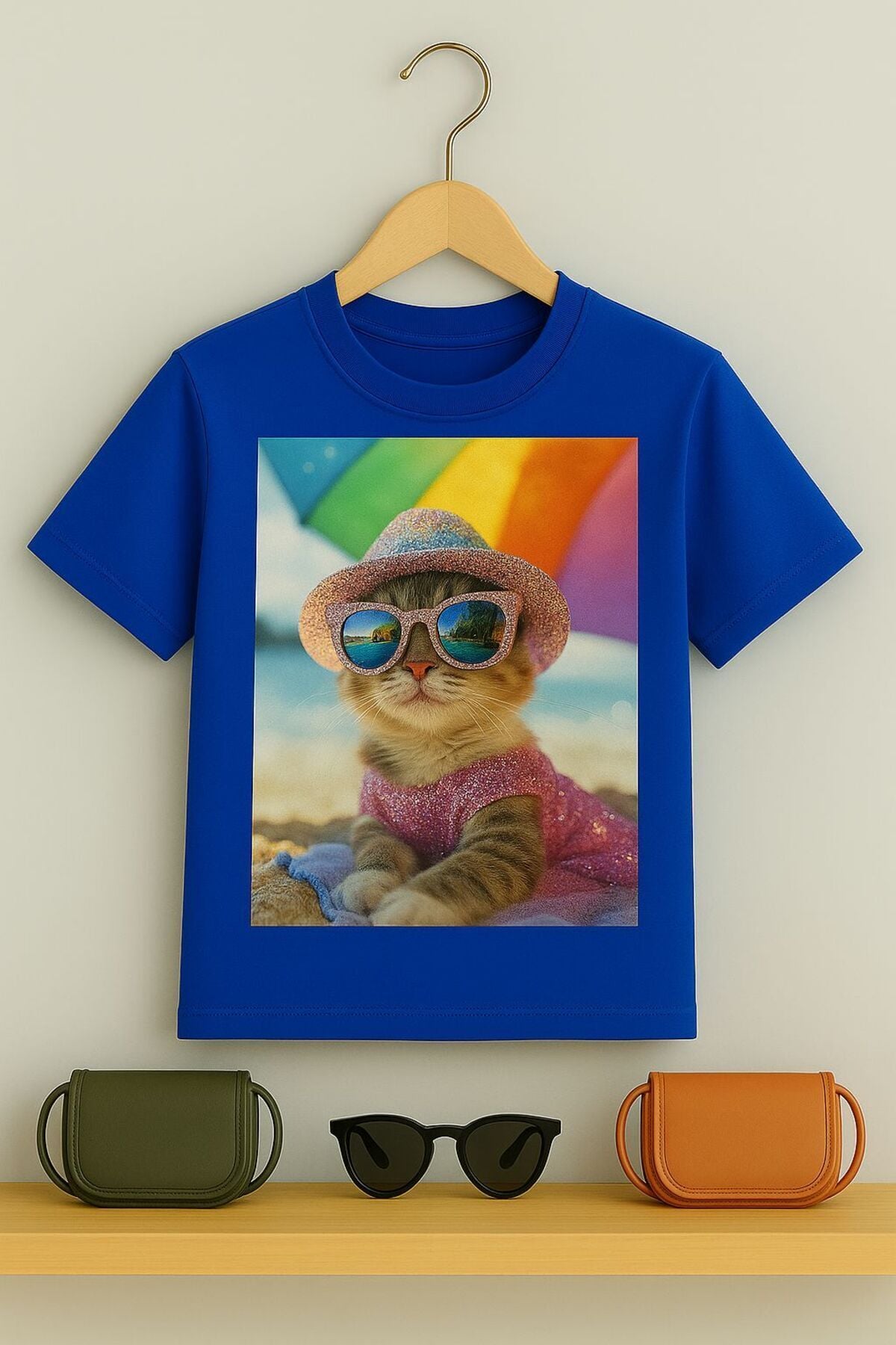 Kedi baskılı Tşört 3 12 yaş Arası Taş Desen Görümlü Çocuk t-shirt Mavi - 9-10 Yaş