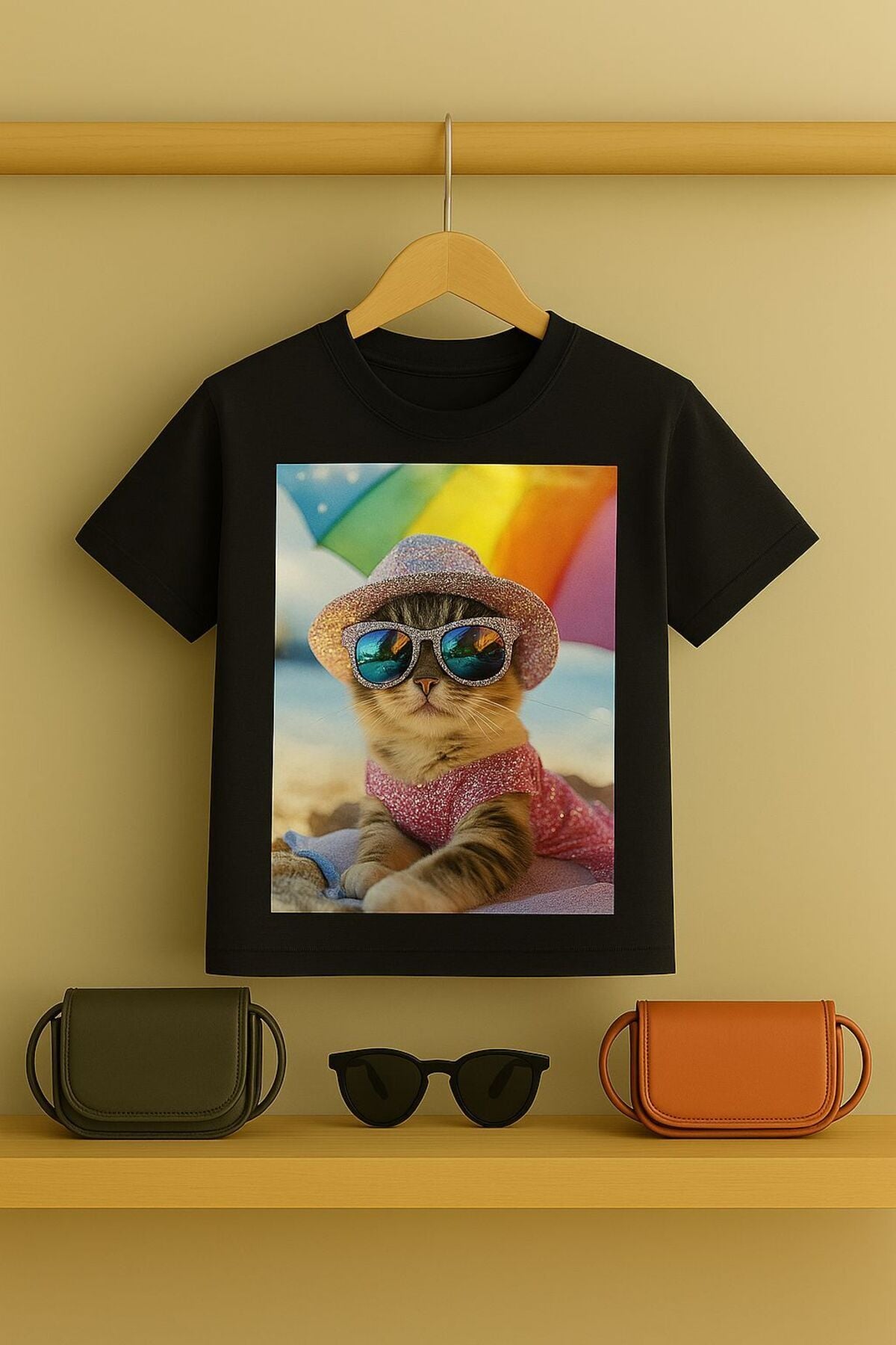 Kedi baskılı Tşört 3 12 yaş Arası Taş Desen Görümlü Çocuk t-shirt Siyah - 5-6 Yaş