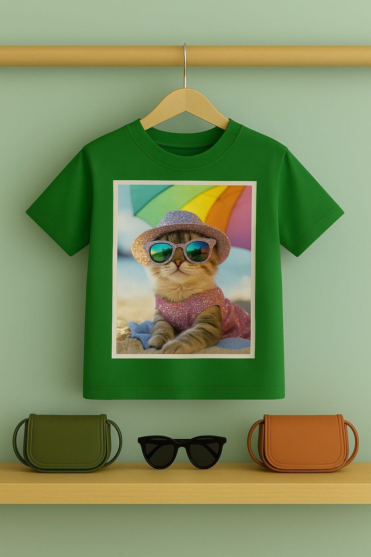 Kedi baskılı Tşört 3 12 yaş Arası Taş Desen Görümlü Çocuk t-shirt Yeşil - 9-10 Yaş