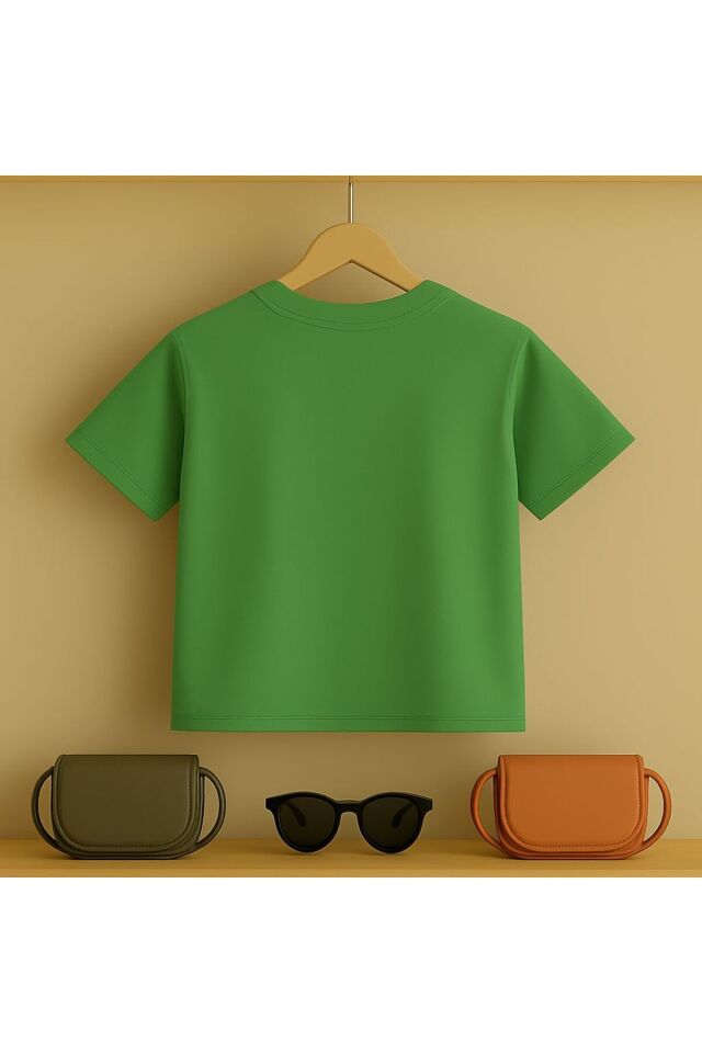 Kedi baskılı Tşört 3 12 yaş Arası Taş Desen Görümlü Çocuk t-shirt Yeşil - 11-12 Yaş