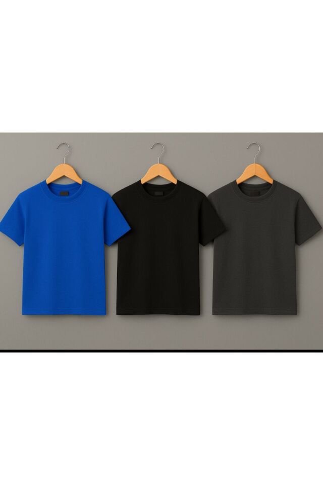 3lü Kız Çocuk Baskısız T-şört Kampanyalı Fırsat Ürün Mavi-Siyah-Füme - 9-10 Yaş